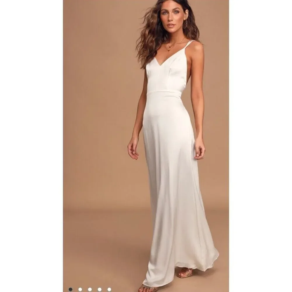 Lulu's Dress‎ Luxe Living White Ivory Satin Backless Maxi Dress Size Medium